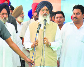 Punjab CM Parkash Singh Badal addresses an election meeting at Saktakhera village of Dabwali on Moday.