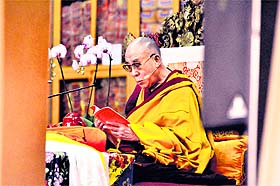 The Dalai Lama during a teaching session at the Tsugla Khang Temple at McLeodganj in Dharamsala on Monday.