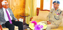 Governor NN Vohra with DGP K Rajendra Kumar at Raj Bhawan in Srinagar on Monday. 