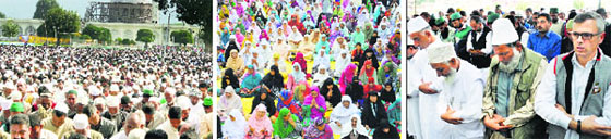 (1)People offer prayers during Eid-ul-Zuha celebrations at the Hazratbal shrine in Srinagar on Monday. (2)Women offer Eid prayers; and (3) Chief Minister Omar Abdullah at the Hazratbal shrine in Srinagar on Monday. Tribune photos: PTI/Amin War