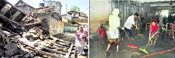 A woman looks at the remains of her house destroyed by the recent floods in Srinagar. (left) and Hospital staff clean silt Shri Maharaja Hari Singh Hospital in Srinagar on Sunday. Tribune Photos: Amin war