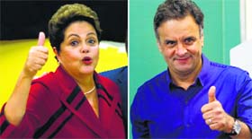 Brazils Leftist President Dilma Rousseff (L) placed first in Sundays election but did not get enough votes to avoid a October 26 runoff and will face pro-business rival Aecio Neves.