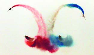 The South Korean Air Force aerial demonstration team, the Black Eagles, perform during the press day of the Gyeonggi Air Show in Suwon on Monday.