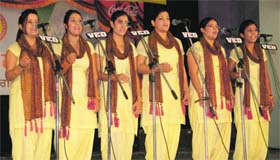 Students render a group song during the Zonal Youth Festival that began at Guru Nanak Dev University in Amritsar on Tuesday.