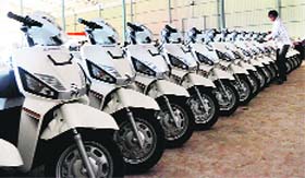 Newly launched Mahindra scooters lined up for sale in Ahmedabad.