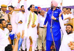 Navjot Singh Sidhu at a rally in Kaithal on Tuesday. Tribune photo
