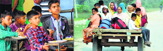 (Left) Children of the Arnia sector of Jammu have food at a relief camp set up at a government school in Salehar on Tuesday; and (right) women and children leave their homes for safer places.