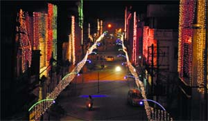 The illuminated Deepak Cinema road on the eve of Valmiki Jayanti.