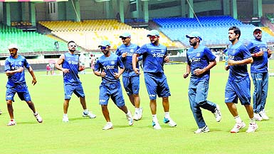 The Indian team during a practice session ahead of the first ODI match against West Indies at Kochi International Stadium on Tuesday.