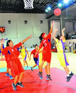 Eves of Chandigarh and Gujarat in action at the basketball stadium in Sector 42, Chandigarh. 