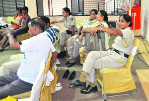 Woman constables on duty during the Youth National Basketball Championship at the indoor stadium of the sports complex in Sector 42, Chandigarh, on Wednesday