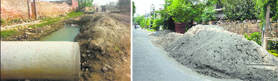 Sewers lie at the project site in Ludhiana. (left) and and Sand and gravel lie near the project site at Sarabha Nagar. Photo: Inderjeet Verma
