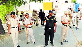 Security personnel deployed outside Gurdwara Jandalisar in Bathinda on Wednesday.