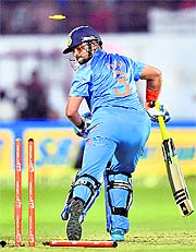 None of the Indian batsmen, except Shikhar Dhawan, put up any resistance. Suresh Raina (above) was bowled for a duck. 