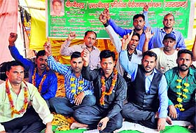 BP Ed trained unemployed teachers stage a hunger strike at Parade Ground in Dehradun on Wednesday.