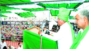INLD supremo OP Chautala addresses a rally at Bhalauth in Rohtak on Thursday.