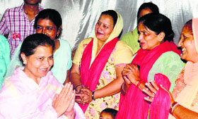 Kalka HJCP nominee Shakti Rani Sharma receives a warm welcome at a meeting in Kalka.