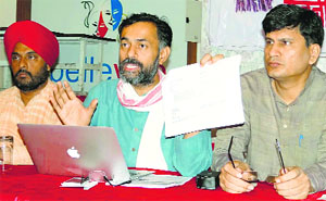 AAP executive member Yogendra Yadav (C) releases the list in Karnal on Thursday. 