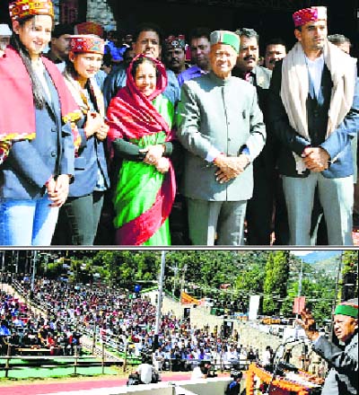 The Chief Minister honours Himachali members of the Indian kabaddi team; and (below) Virbhadra Singh addresses the concluding ceremony of the Dasehra festival in Kullu on Thursday.