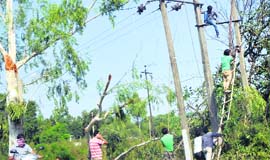 Employees of the Power Development Department repair damaged wires in Jammu.