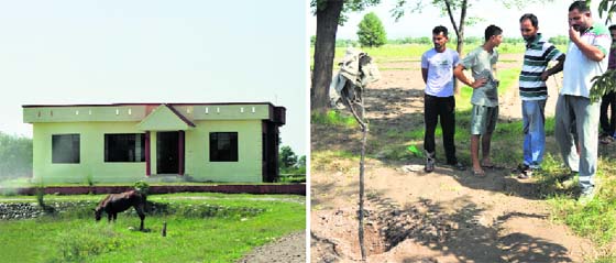 The panchayat ghar near the border in the Kanachak area of Akhnoor sector; and (right) villagers near the live mortar shell fired from the Pakistani side, on Thursday.