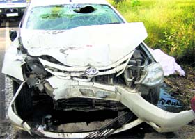 Mangled remains of the car that met with an accident near Rurki village in Fatehgarh Sahib on Thursday