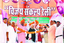 BJP president Amit Shah is garlanded at a rally in Hansi on Friday. PTI photo