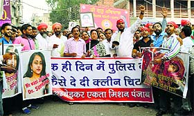 Parents of Dr Supriya and Dalit activists protest against alleged police inaction in Ludhiana on Friday. 