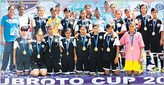 The Government Girls Senior Secondary School, Mangali, team after winning the Subroto Cup in the under-17 category on Friday. 