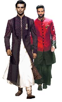 J. J. Valaya kept the silhouette for grooms fluid and experimental (R) A Shantanu-Nikhil creation in shades of red. The Indian groom is readily matching the colour of his wedding wear with that of his bride