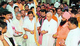 Acharya Bala Krishan and national coordinator Rajesh Pandey at the inaugural session of the three-day national convention of Bajrang Dal in Haridwar on Friday. 