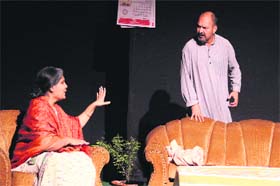A scene from a play Sandhya Chhaya at Balwant Gargi Open Air Theatre at Rose Garden in Bathinda on Saturday