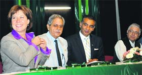(From left): Premier of British Columbia Christy Clark, SD College president UK Sharma, British Columbia Minister of Advanced Education Amrik Virk and Panjab University Vice-Chancellor Arun Kumar Grover during a roundtable conference at Sector 32, Chandigarh, on Saturday