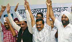 Former Chief Minister Arvind Kejriwal with the members of AAP minority wing during its launch in New Delhi on Saturday
