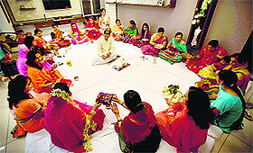 Women exchange “thalis” during Karva Pooja in Ludhiana on Saturday
