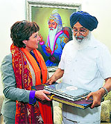 British Columbia Premier Christy Clark with Chief Minister Parkash Singh Badal in Chandigarh on Saturday. Tribune photo