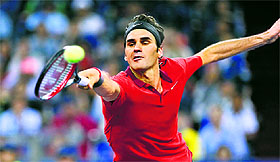 Roger Federer returns to Novak Djokovic; and Djokovic reacts after losing a point during their semifinal in Shanghai on Saturday.