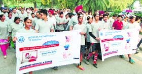Doctors and residents take part in a walk to mark the World Arthritis Day in Amritsar on Sunday.