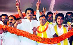 Kuldeep Bishnoi (third from left), president of the Haryana Janhit Congress, at a party rally in Sector 16, Panchkula, on Sunday