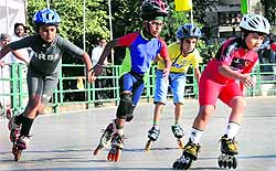 Players take part in a skating meet in Sector 7, Chandigarh, on Sunday