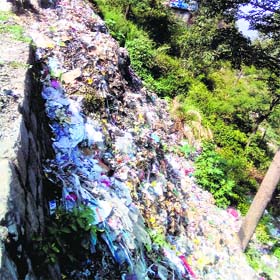 Garbage being dumped on the national highway near the railway bridge at Baijnath