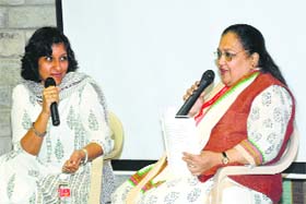 Karthika VK (left) with Louise Khurshid, whose book Travails with Chachi touches upon issues that ail as well as define India by way of short stories