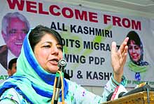Peoples Democratic Party chief Mehbooba Mufti addresses Kashmiri Pandits in Jammu on Sunday