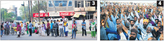 3) passengers face harassment as they wait for transport to reach their destinations 4) Members of the Amritsar Auto Rickshaw Union raise slogans against the government and demand release of their impounded autos in Amritsar on Monday.