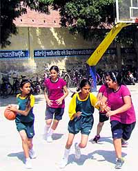 An U-14 basketball match between Patiala and Ropar in progress during the Punjab School Games in Bathinda on Monday.
