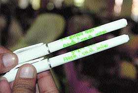 Ball pens displaying INLD symbol and candidates name were distributed among voters in Panchkula. 