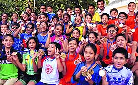 Winners of the National Skating Championship in a jubilant mood at KB DAV School in Chandigarh. 