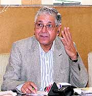 Prof AK Grover, PU Vice-Chancellor, interacts with mediapersons at the VC's office on Monday. 