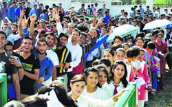 Long queues outside ticket counters at the HPCA stadium in Dharamsala on Monday. Photo: Kamaljeet