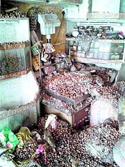 Packets of dried fruits that were destroyed by the floods in one of the shops at Lal Chowk in Srinagar.